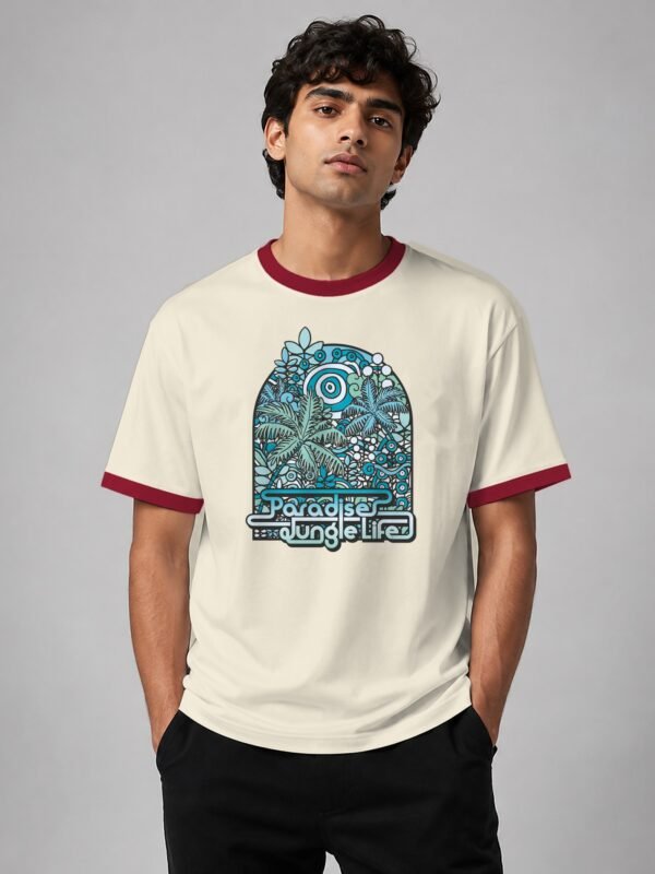 Paradise Jungle Life ringer tee in off-white with maroon trim, front Paradise Jungle Life ringer tee in off-white with maroon trim, front