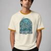 Paradise Jungle Life ringer tee in off-white with mustard trim, front Paradise Jungle Life ringer tee in off-white with mustard trim, front
