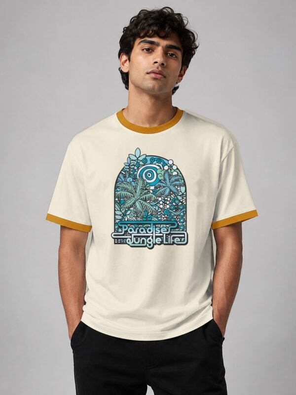 Paradise Jungle Life ringer tee in off-white with mustard trim, front Paradise Jungle Life ringer tee in off-white with mustard trim, front