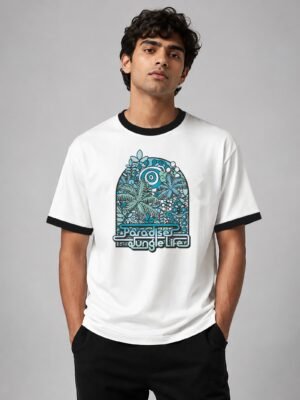 Paradise Jungle Life ringer tee in white with black trim, front Paradise Jungle Life ringer tee in white with black trim, front