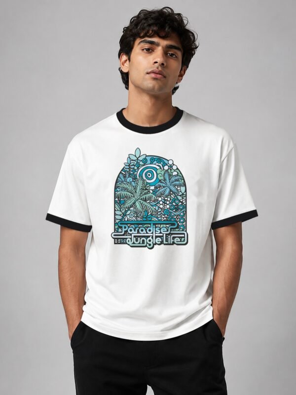 Paradise Jungle Life ringer tee in white with black trim, front Paradise Jungle Life ringer tee in white with black trim, front
