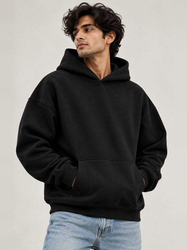 Premium Oversized Hoodie 440 GSM, Black, front view 440 GSM premium oversized hoodie in black, front view