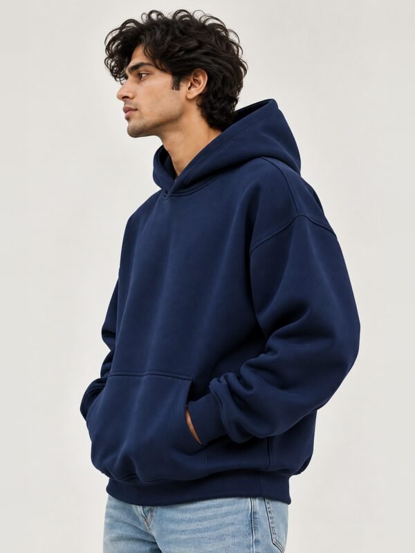 Premium Oversized Hoodie 440 GSM, Navy Blue, left side view 440 GSM premium oversized hoodie in navy blue, left side view