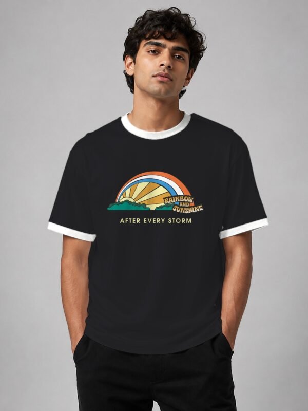 Rainbow And Sunshine ringer tee in black with white trim, front