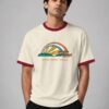 Rainbow And Sunshine ringer tee in off-white with maroon trim, front