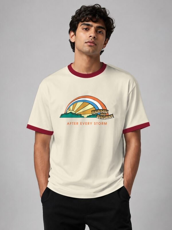 Rainbow And Sunshine ringer tee in off-white with maroon trim, front