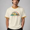 Rainbow And Sunshine ringer tee in off-white with mustard trim, front