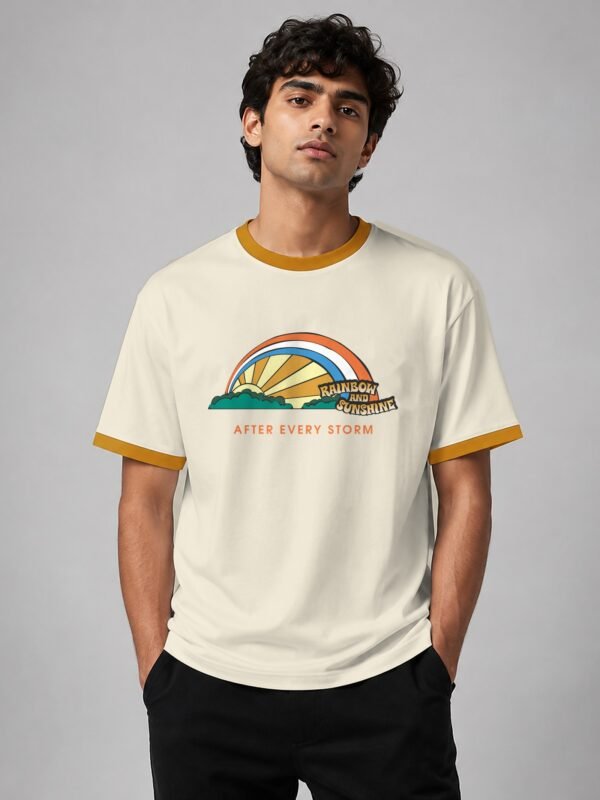 Rainbow And Sunshine ringer tee in off-white with mustard trim, front