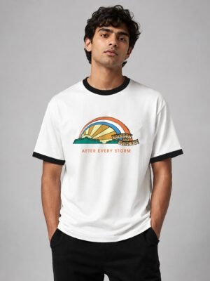 Rainbow And Sunshine ringer tee in white with black trim, front Rainbow And Sunshine ringer tee in white with black trim, front