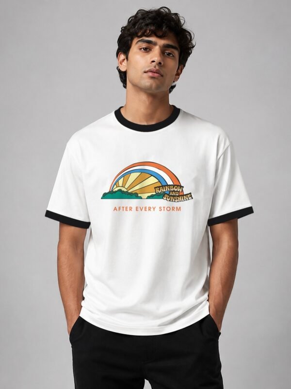 Rainbow And Sunshine ringer tee in white with black trim, front