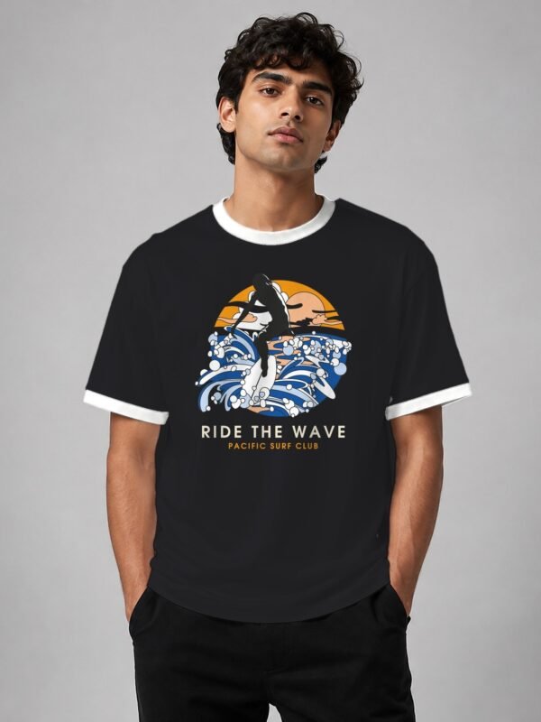 Ride The Wave ringer tee in black with white trim, front