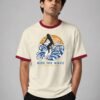 Ride The Wave ringer tee in off-white with maroon trim, front