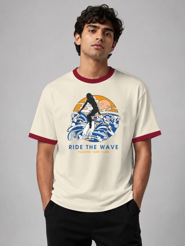 Ride The Wave ringer tee in off-white with maroon trim, front