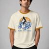 Ride The Wave ringer tee in off-white with mustard trim, front