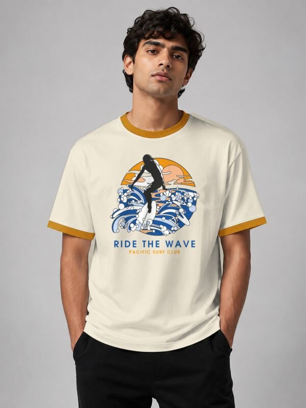 Ride The Wave ringer tee in off-white with mustard trim, front