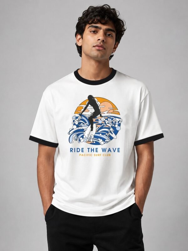 Ride The Wave ringer tee in white with black trim, front