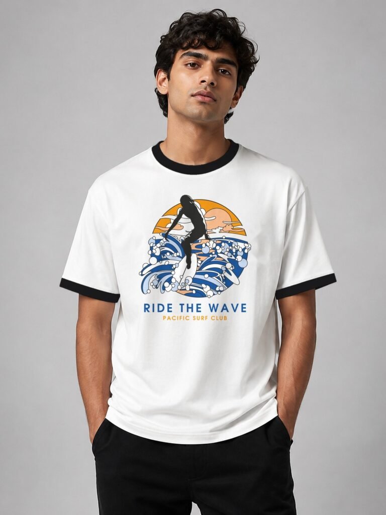 Round neck tees — Ride The Wave ringer tee in white with black trim