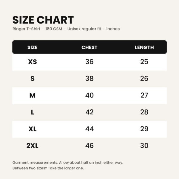 Ringer tee size chart, XS to XXL, in inches Ringer tee size chart, XS to XXL, in inches
