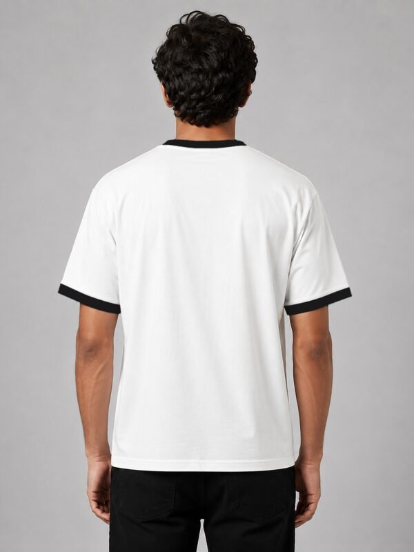 Ringer tee in white with black trim, back view Ringer tee in white with black trim, back view
