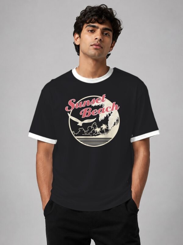 Sunset Beach ringer tee in black with white trim, front Sunset Beach ringer tee in black with white trim, front