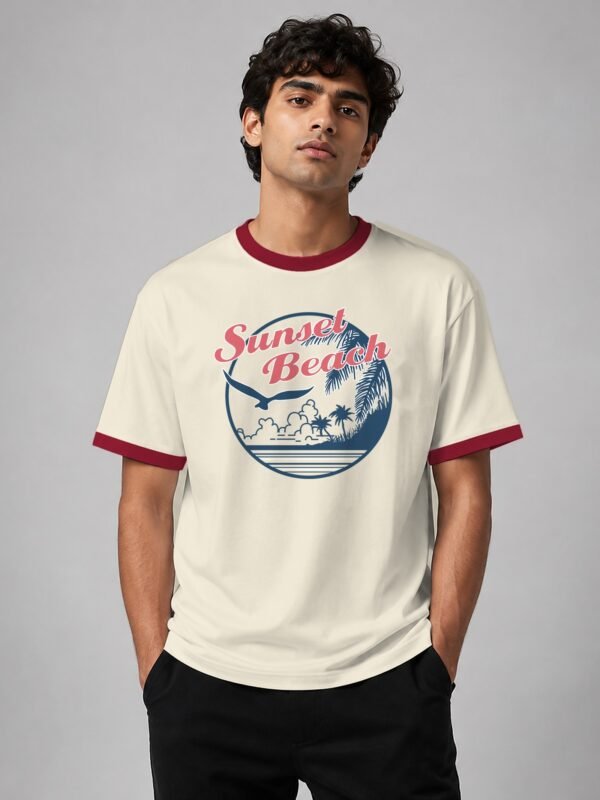 Sunset Beach ringer tee in off-white with maroon trim, front Sunset Beach ringer tee in off-white with maroon trim, front