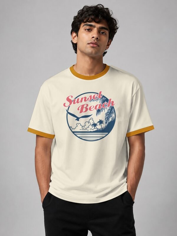 Sunset Beach ringer tee in off-white with mustard trim, front