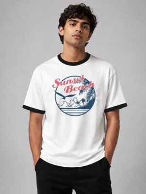 Sunset Beach ringer tee in white with black trim, front Sunset Beach ringer tee in white with black trim, front