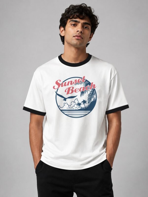 Sunset Beach ringer tee in white with black trim, front Sunset Beach ringer tee in white with black trim, front