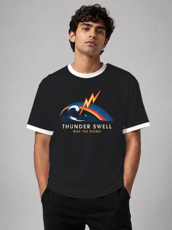 Thunder Swell ringer tee in black with white trim, front