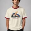 Thunder Swell ringer tee in off-white with maroon trim, front