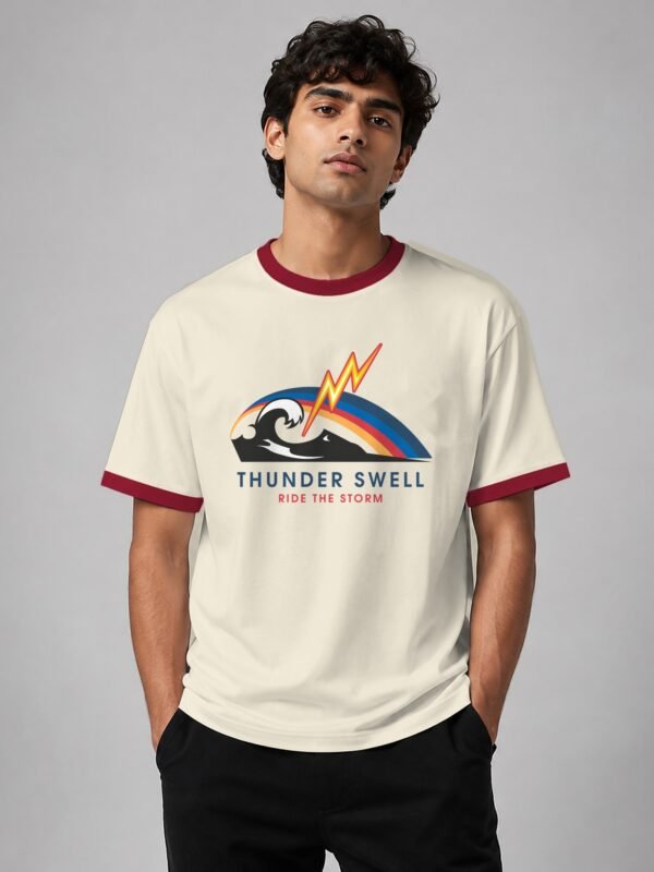 Thunder Swell ringer tee in off-white with maroon trim, front