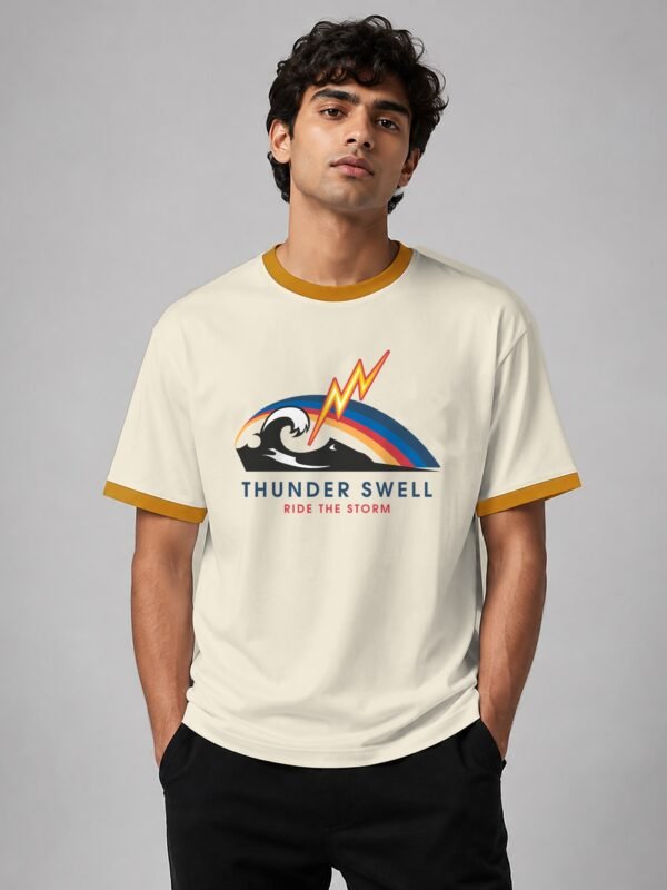 Thunder Swell ringer tee in off-white with mustard trim, front