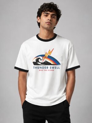 Thunder Swell ringer tee in white with black trim, front Thunder Swell ringer tee in white with black trim, front